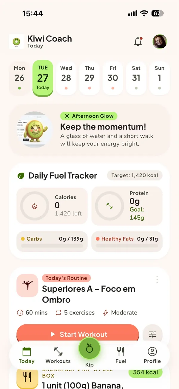 Tela Hoje do app Kiwi Coach com treino do dia e metas de nutrição