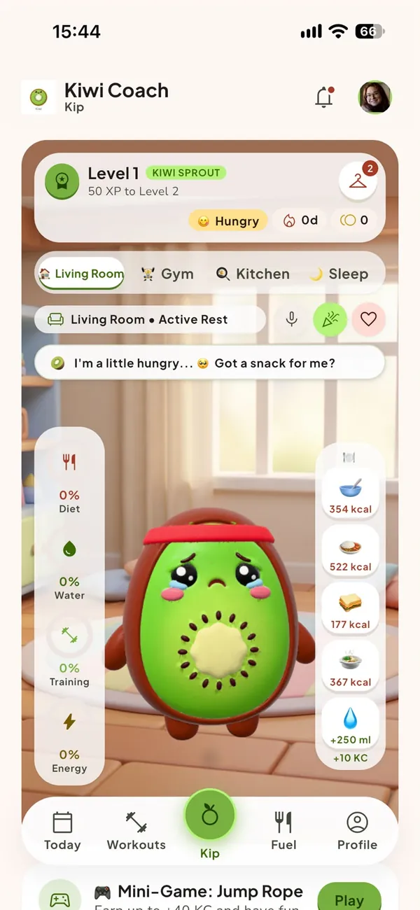 Mascote 3D Kip na sala, com status de dieta, água e treino