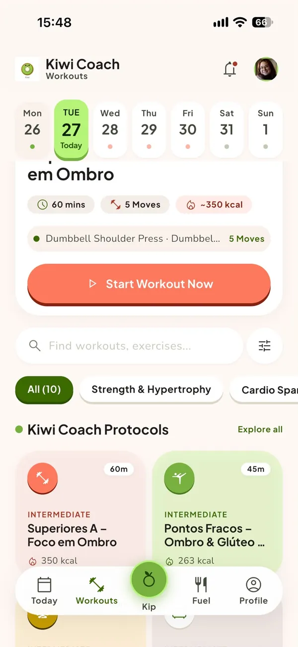 App Kiwi Coach: treino Superiores A com cronômetro